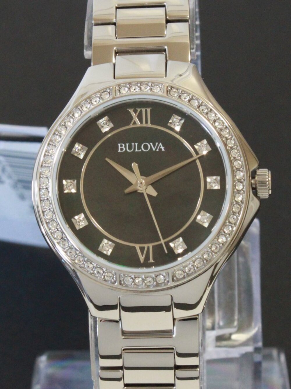 Bulova Classic Quartz Watch Black MOP Dial Crystal Bezel And Indices 30mm - Picture 6 of 13